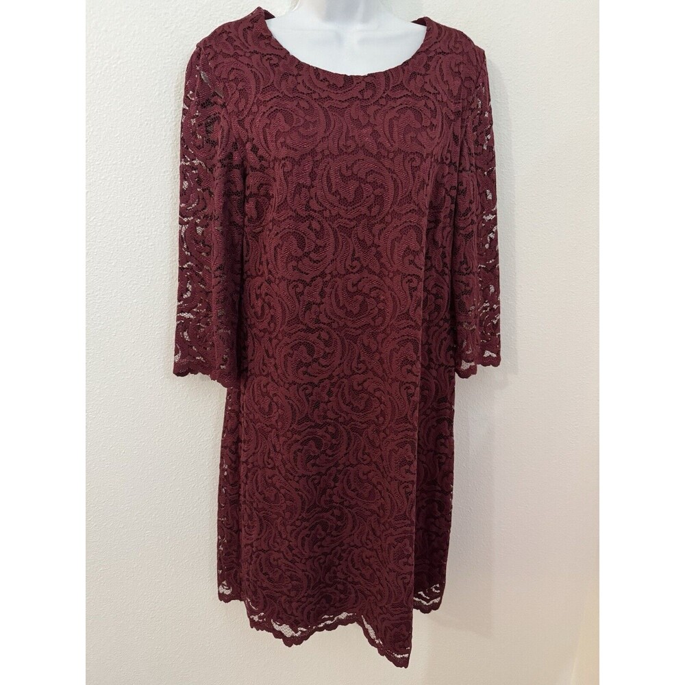 GARNET HILL Dress Maroon Red Lace 3/4 Sleeve Size 12 Wedding Mother Bride EUC